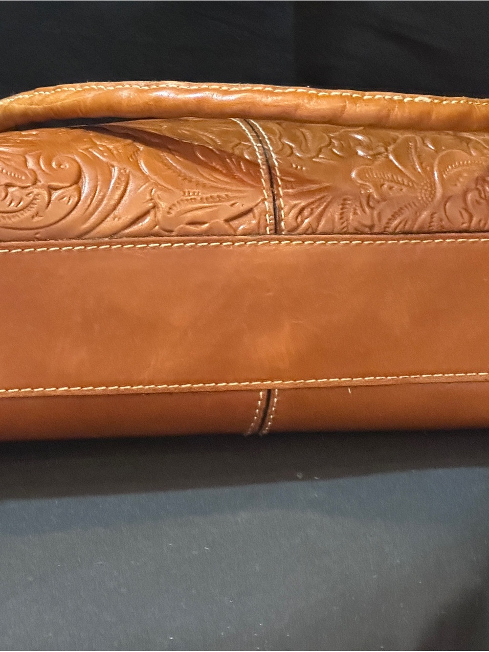 Patricia Nash Tooled Floral Embossed Leather Satchel Purse – Cognac Brown - Picture 6 of 14